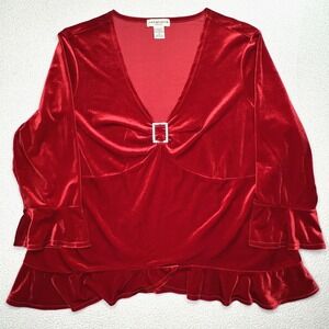 Vtg Y2K Notations Top Womens 1X Red Velvet Babydoll Rhinestone Blouse Valentines
